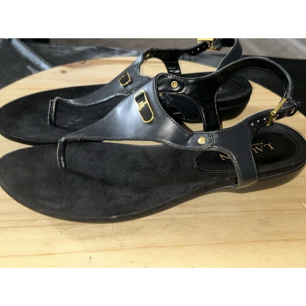 Lauren Ralph Lauren Kacy Black T-Strap Thong Sandals Gold Logo 8.5B